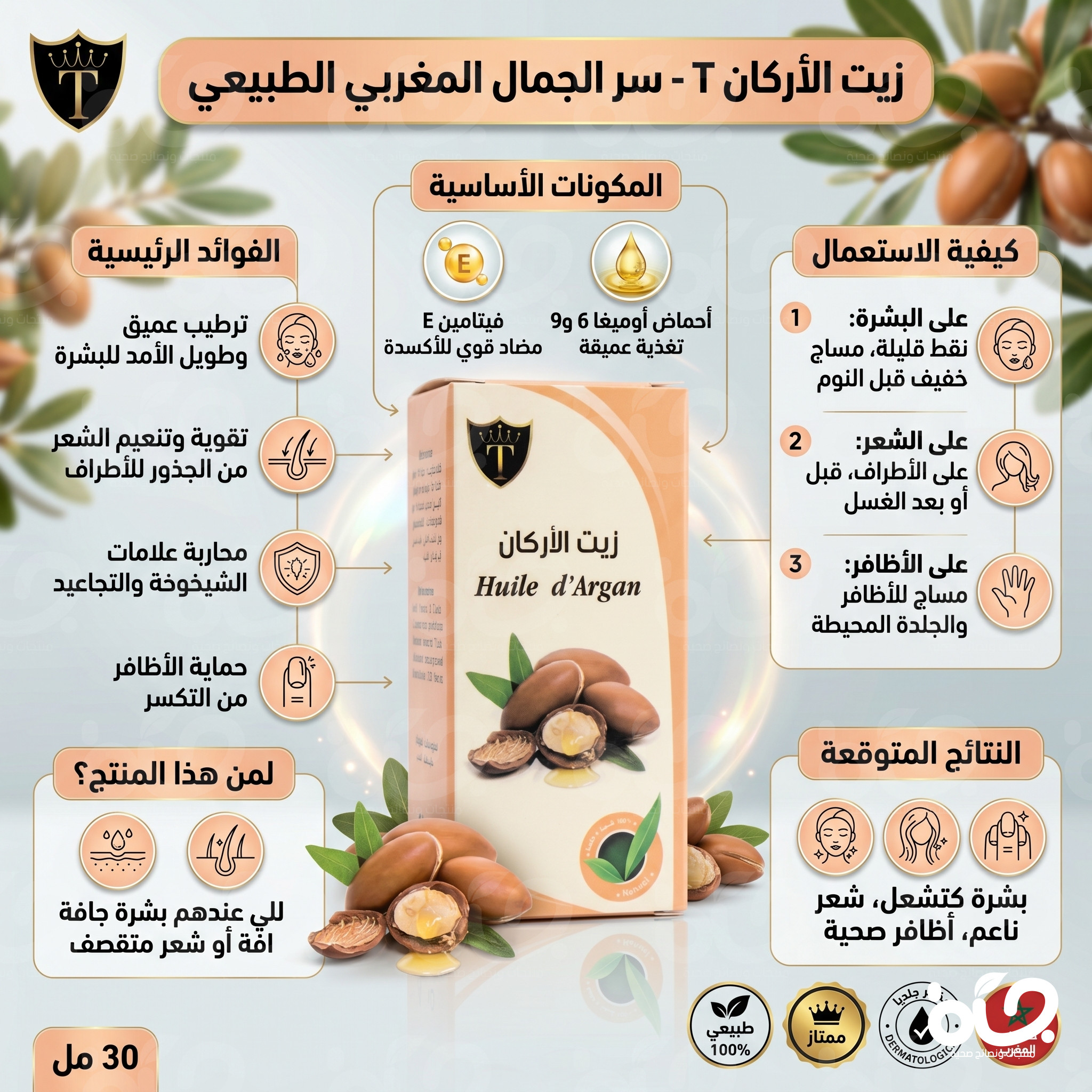 زيت الأركان الأصلي للعناية بالبشرة والشعر بتركيبة مغذية