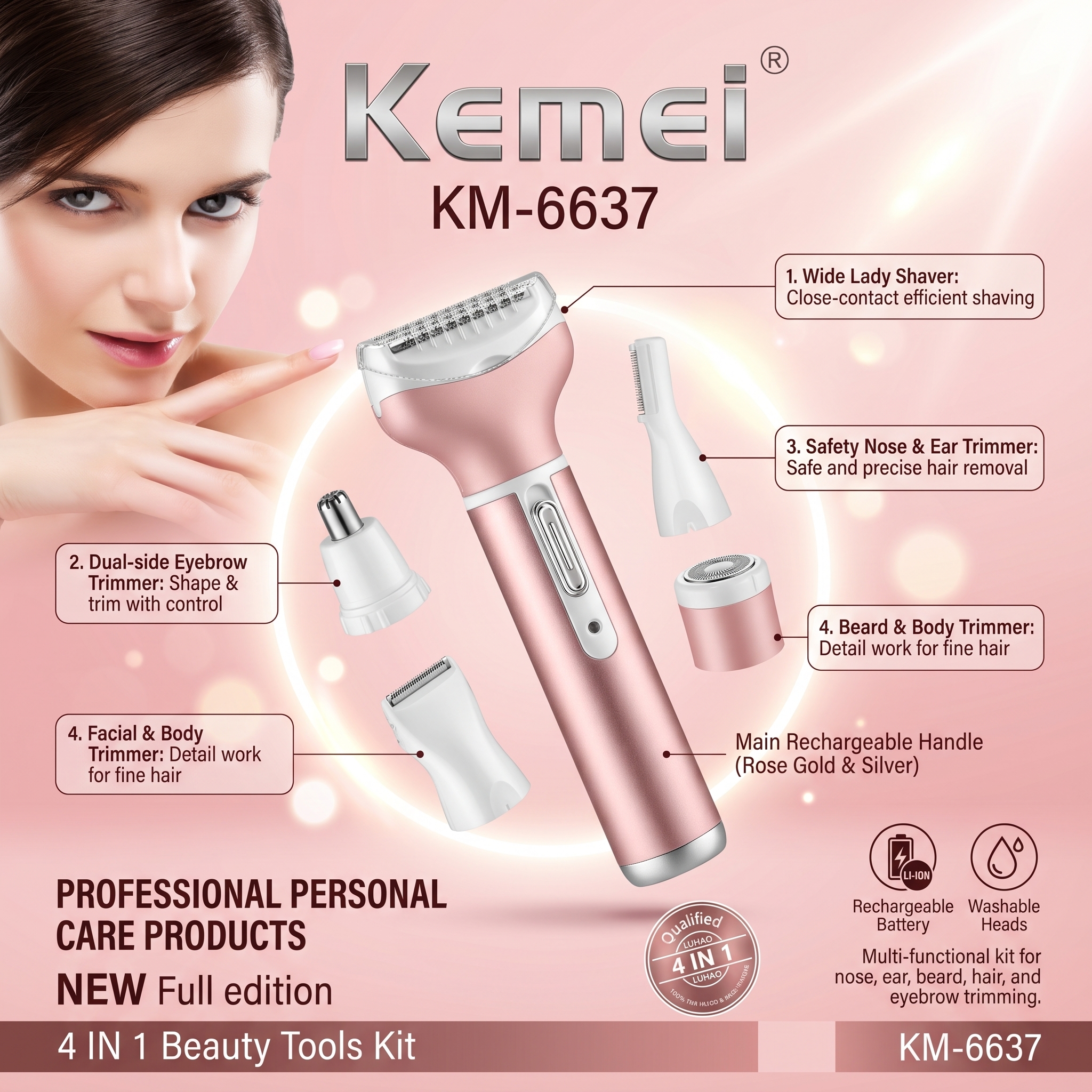 Kemei KM-6637 Rasoir Électrique 4 en 1 Rechargeable Femme