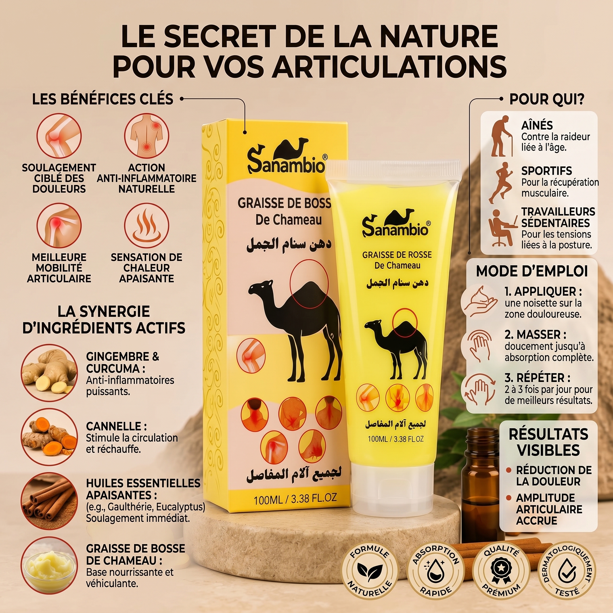 Crème Décongestionnante Originale de Bosse de Chameau pour Soulager les Douleurs du Dos, du Cou et des Articulations