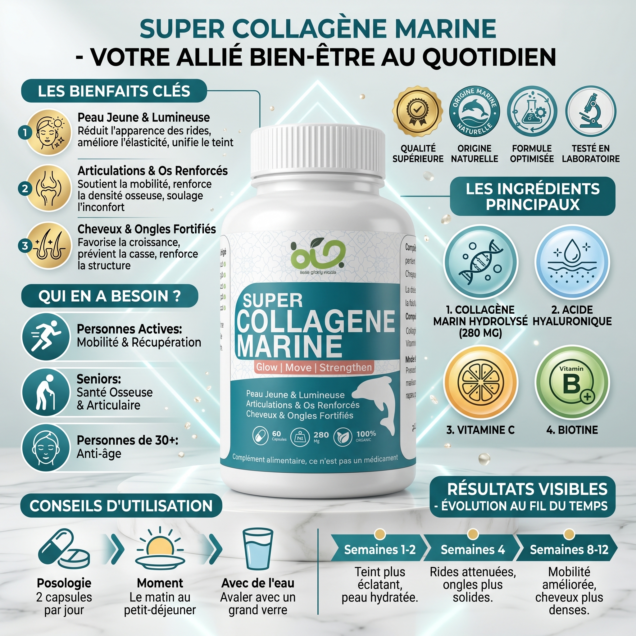 Complément de collagène naturel, formule naturelle, 60 gélules végétariennes