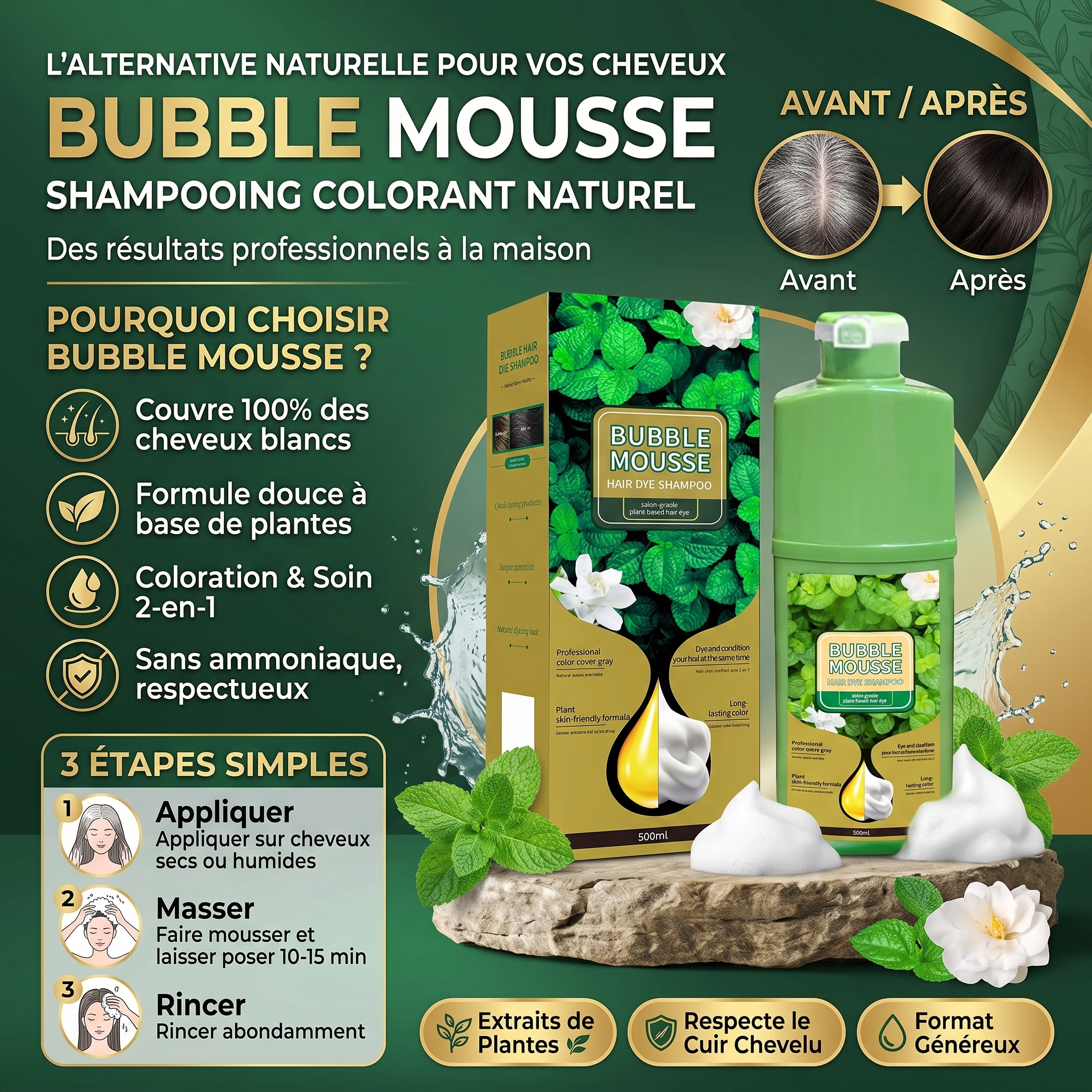 Bubble Mousse – Coloration Cheveux et Barbe en Mousse aux Extraits Végétaux – Noir Naturel ou Châtain – 500 ml