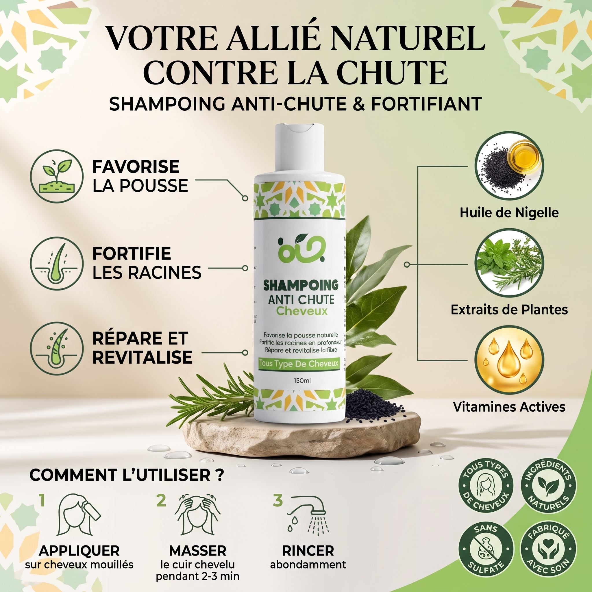 Shampoing Anti-Chute & Densité Cheveux Sans Sulfate – Oignon, Romarin, Ginseng – 150 ml