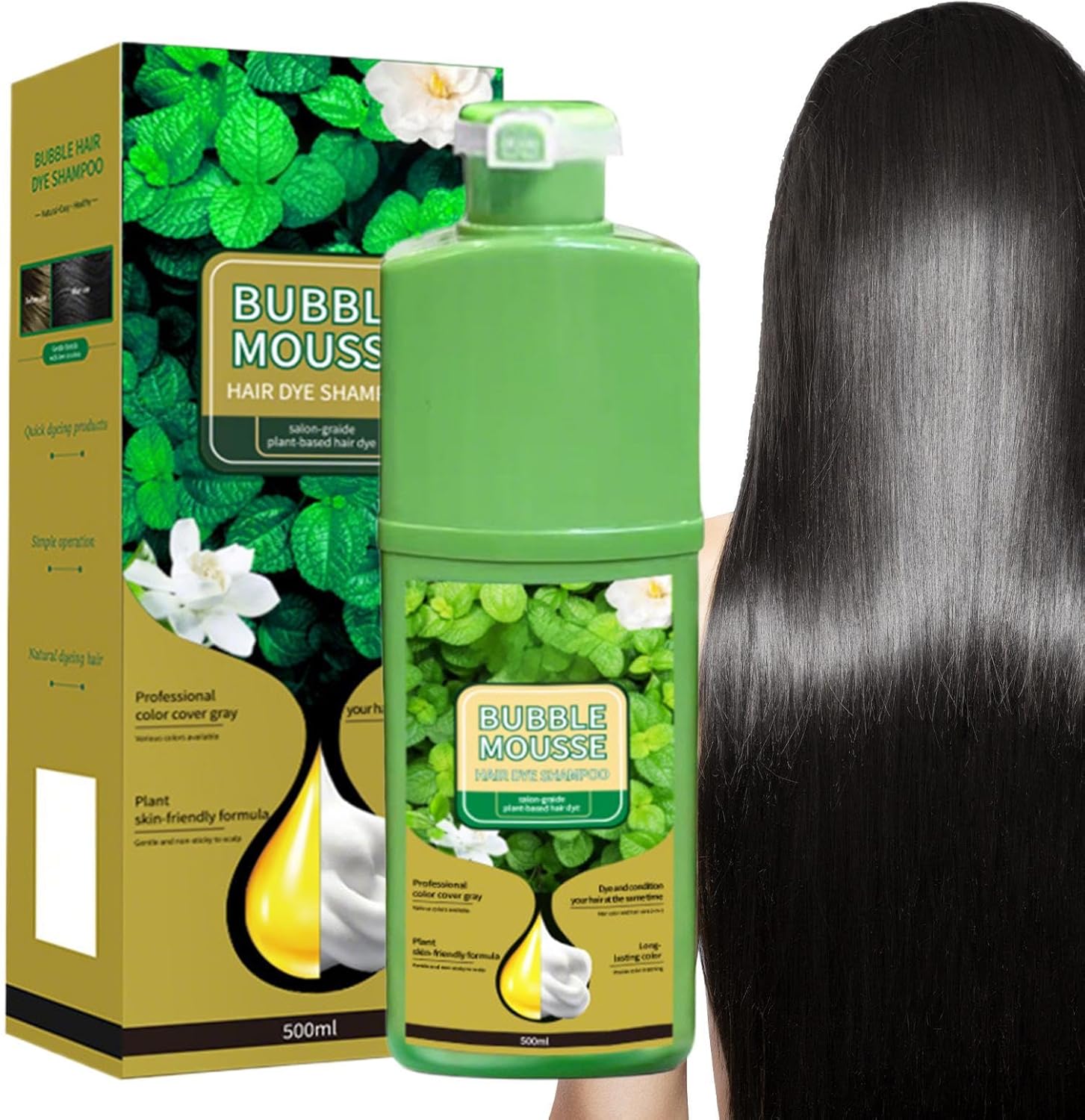 Bubble Mousse صبغة شعر رغوية بالأعشاب – أسود طبيعي أو بني – 500 مل – للرجال والنساء